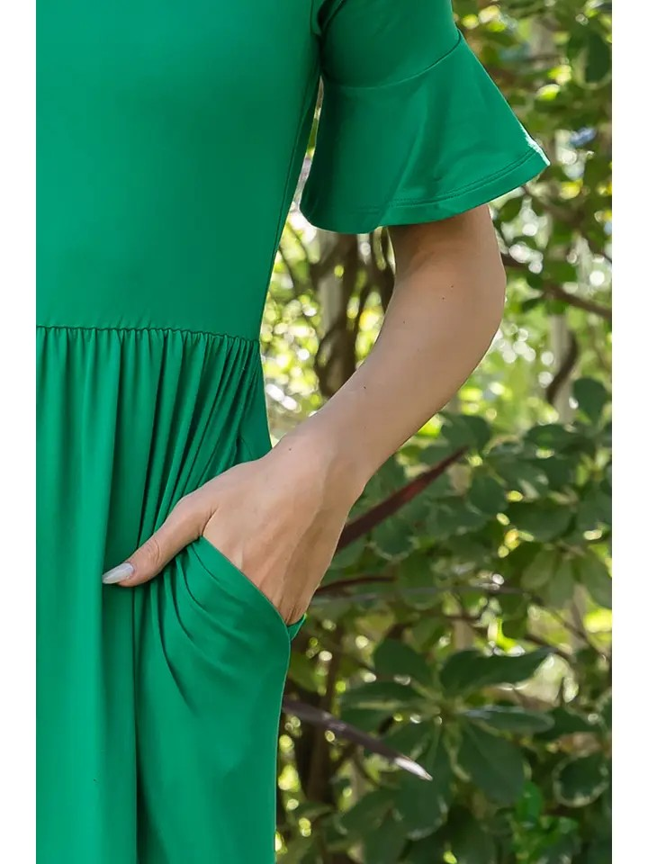 Half Sleeve Cinch Waist Ruffle Hem Solid