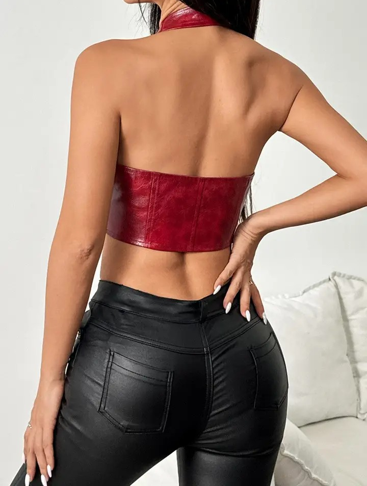 Halter Neck Lace-Up Pu Leather Vest