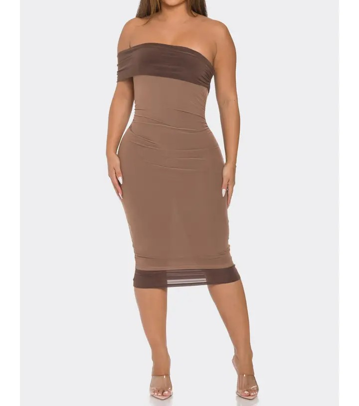 Off Shoulder Ruched Midi Dress
