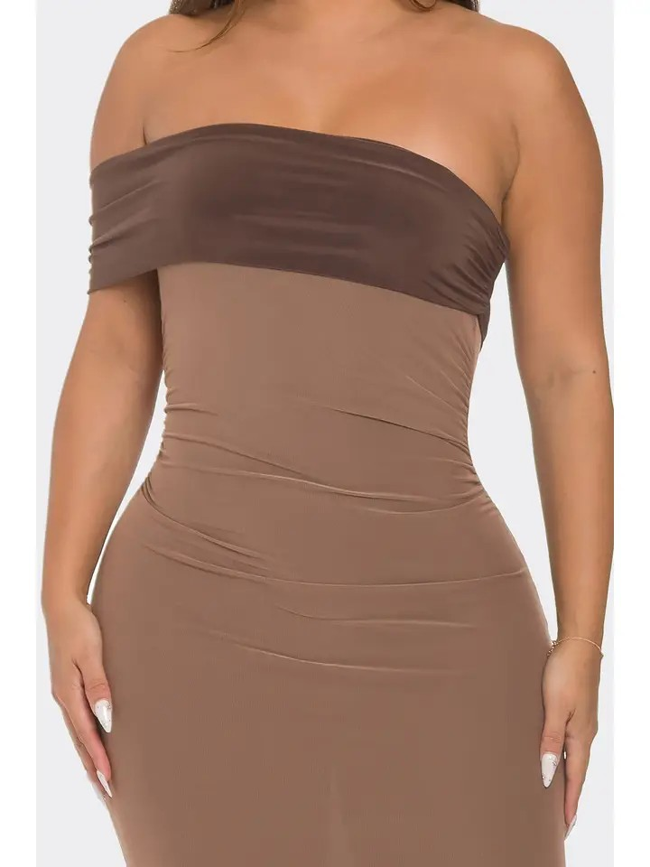 Off Shoulder Ruched Midi Dress
