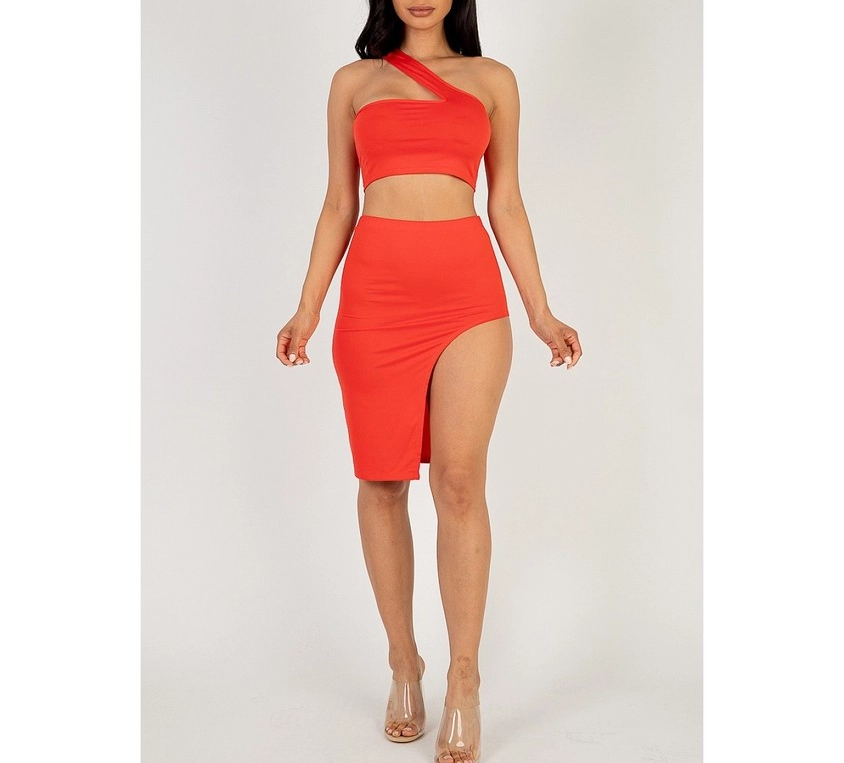 Sexy Solid One Shoulder Crop Top and Split Thigh Midi Skirt