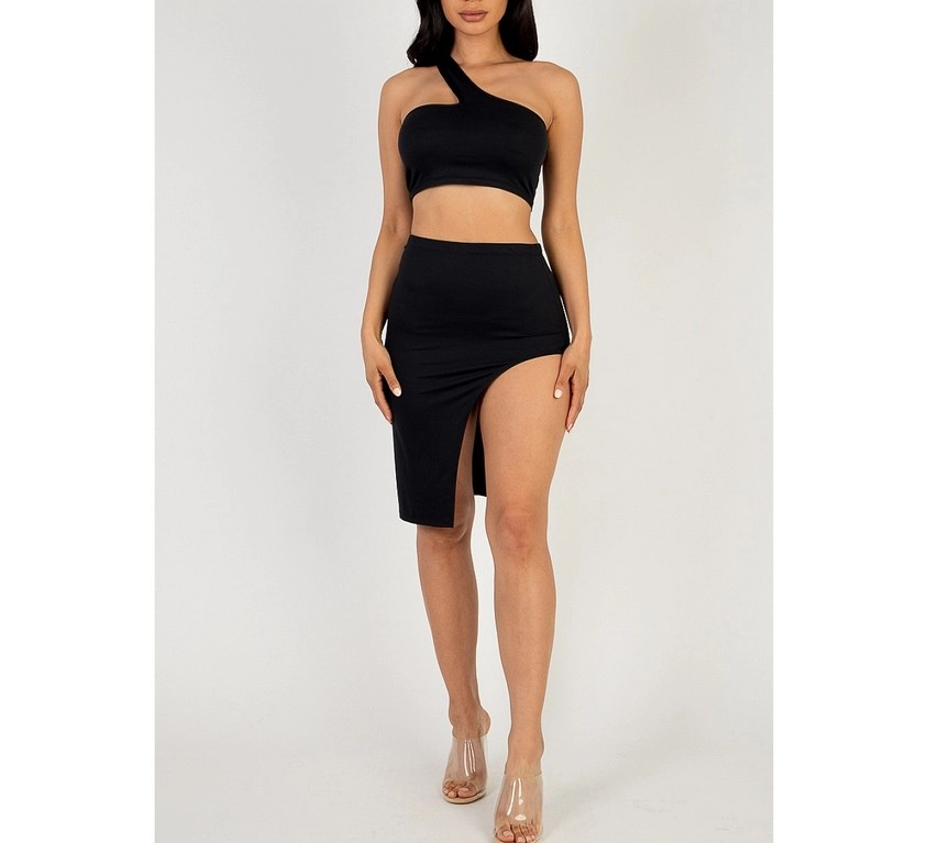 Sexy Solid One Shoulder Crop Top and Split Thigh Midi Skirt