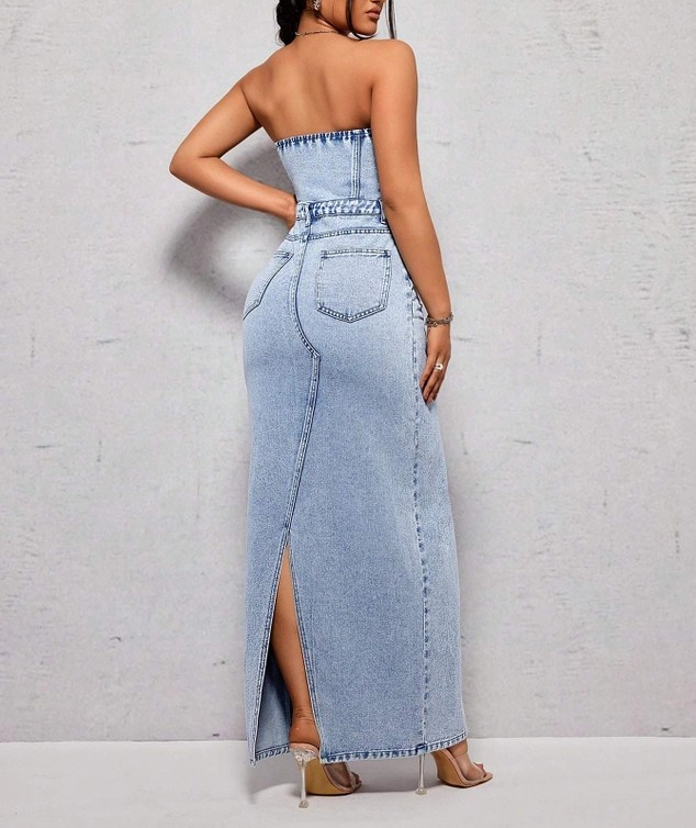 Strapless High Slit Denim Dress