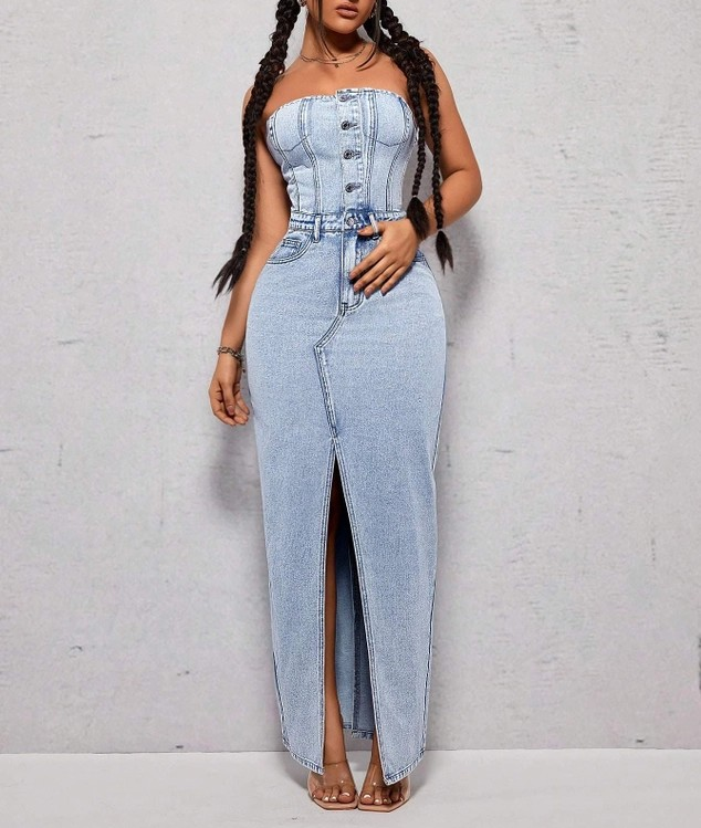 Strapless High Slit Denim Dress