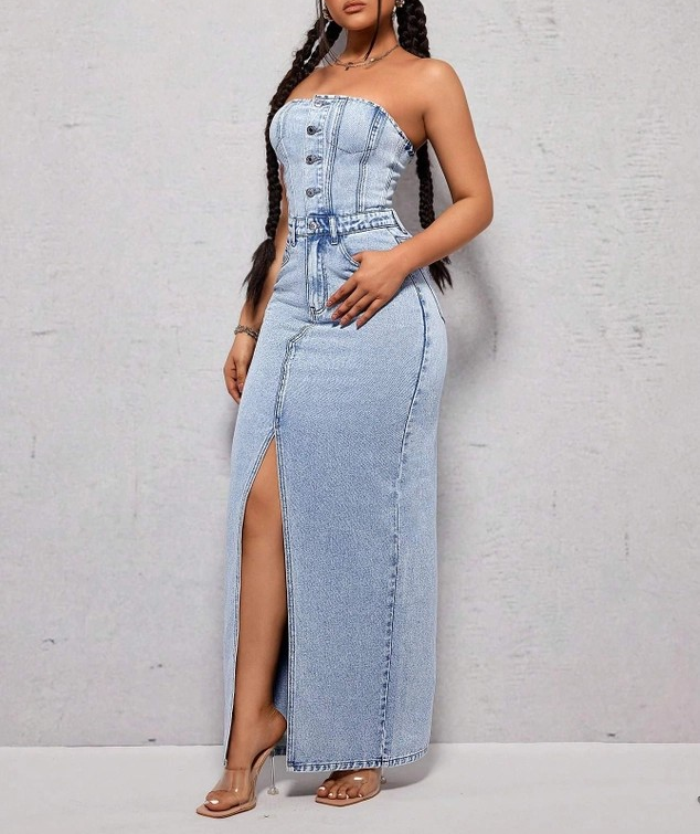 Strapless High Slit Denim Dress