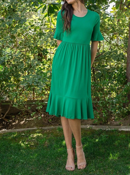 Half Sleeve Cinch Waist Ruffle Hem Solid