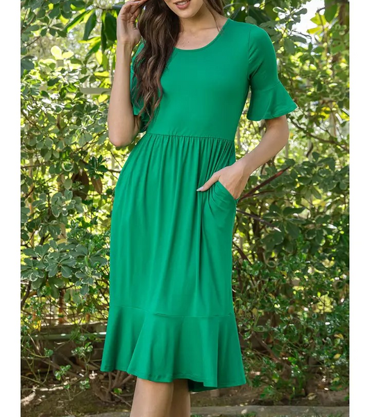 Half Sleeve Cinch Waist Ruffle Hem Solid