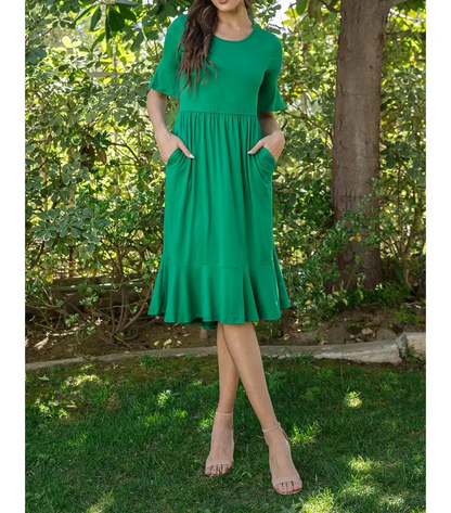 Half Sleeve Cinch Waist Ruffle Hem Solid