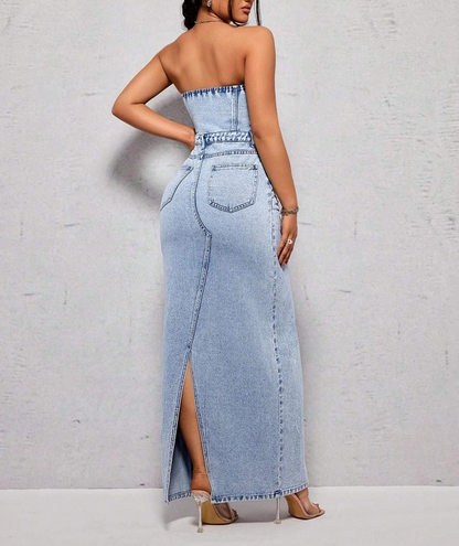 Strapless High Slit Denim Dress