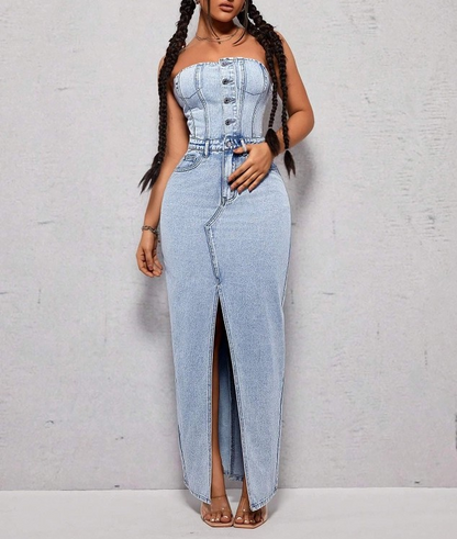 Strapless High Slit Denim Dress